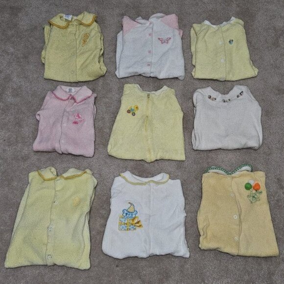 9 VTG Terrycloth Footie Pajama Lot Baby Newborn 0-3 Month Yellow Pink White READ